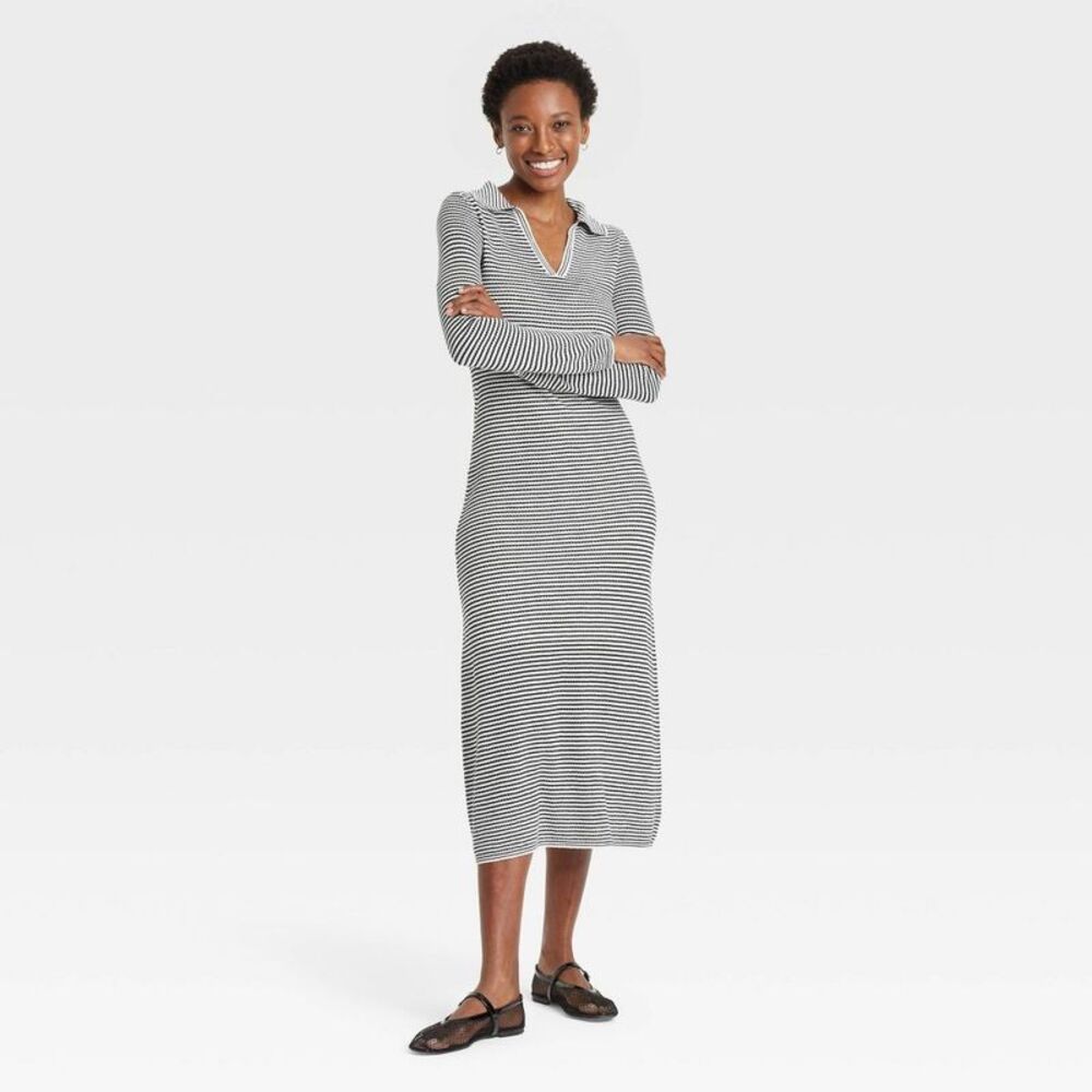 Women's Long Sleeve Maxi Sweater Dress - A New Day Black/Cream Striped S